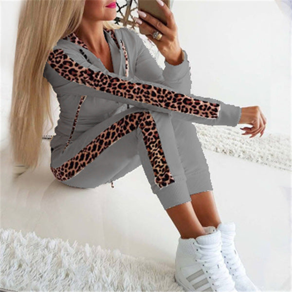 Women Leopard Zip Hoodie Pants Matching Lounge Set