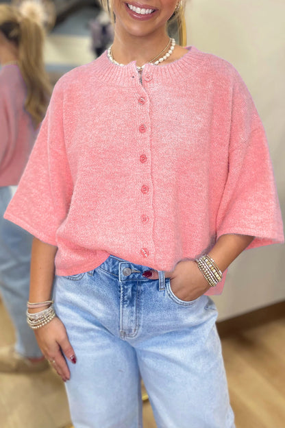 Lavender Boxy 3/4 Sleeve Button Down Knit Cardigan