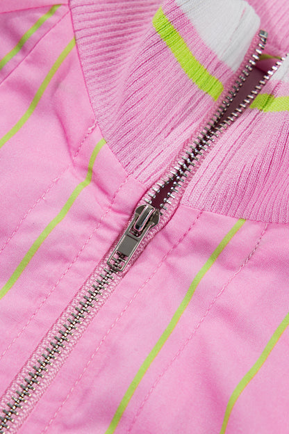 Pink Stripe Half Zip Blouse Puff Sleeve Casual Boutique Top