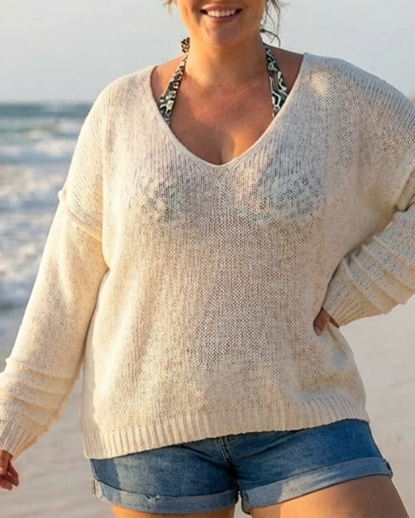 Oversized V Neck Lightweight Beach Knit Sweater Cover Up