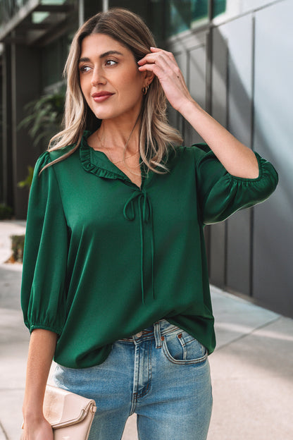 Dark Green Ruffle V Neck Bow Tie 3/4 Sleeve Blouse