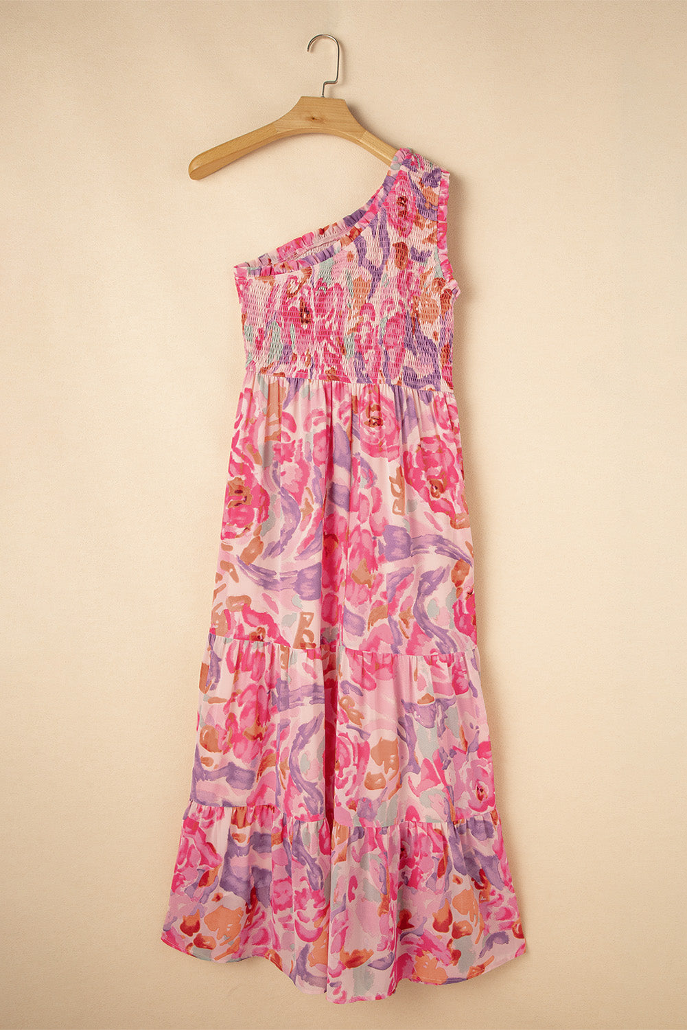 Pink Floral One Shoulder Smocked Tiered Maxi Dress