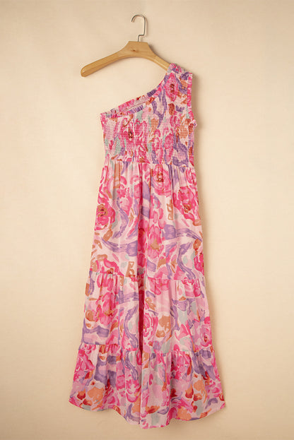 Pink Floral One Shoulder Smocked Tiered Maxi Dress
