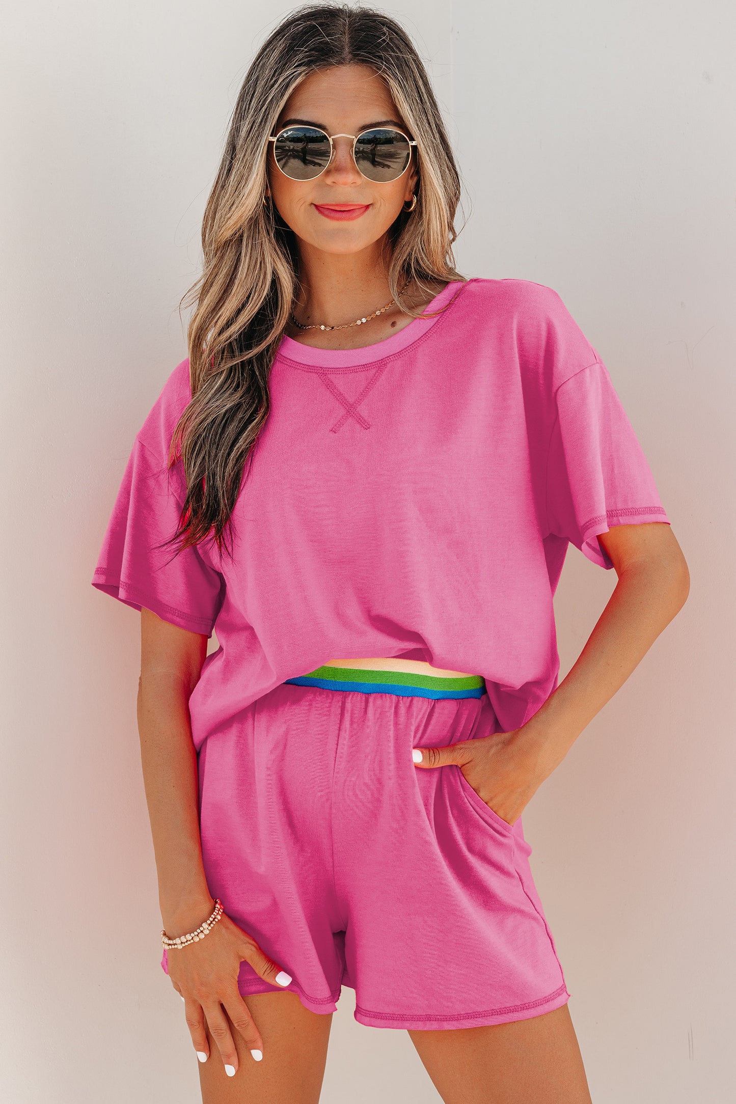 Bright Pink Lounge Set Rainbow Waistband Tee and Shorts