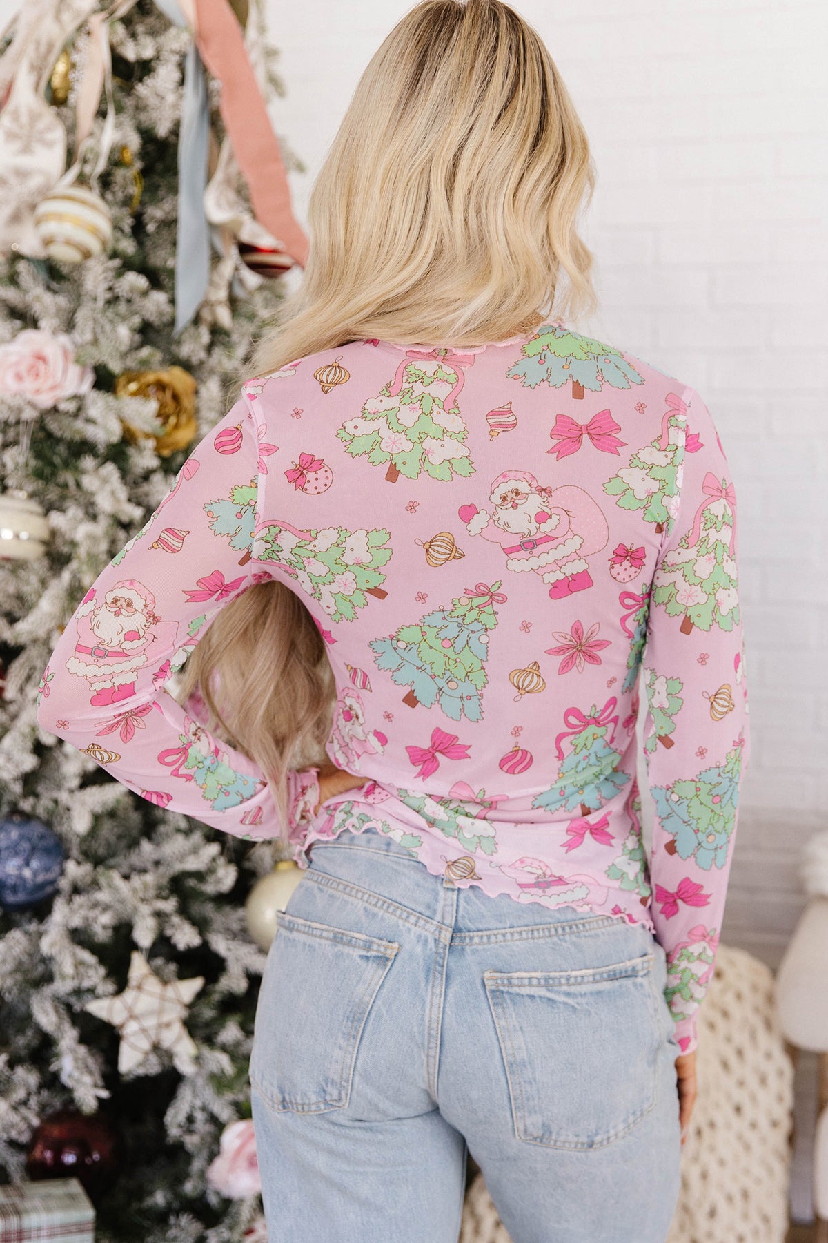 Pink Christmas Print Mock Neck Mesh Long Sleeve Top