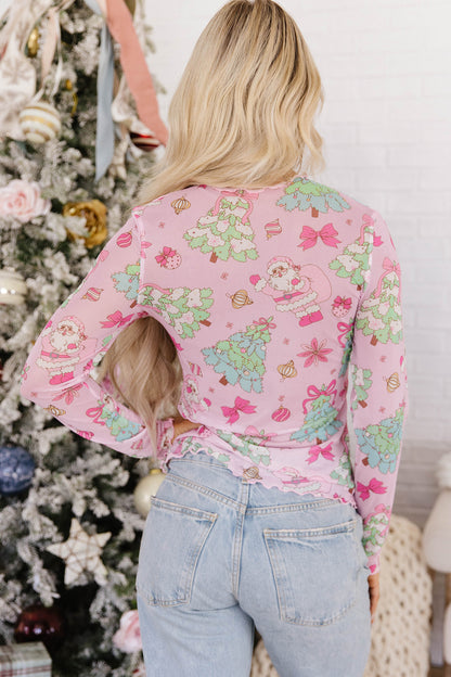 Pink Christmas Print Mock Neck Mesh Long Sleeve Top