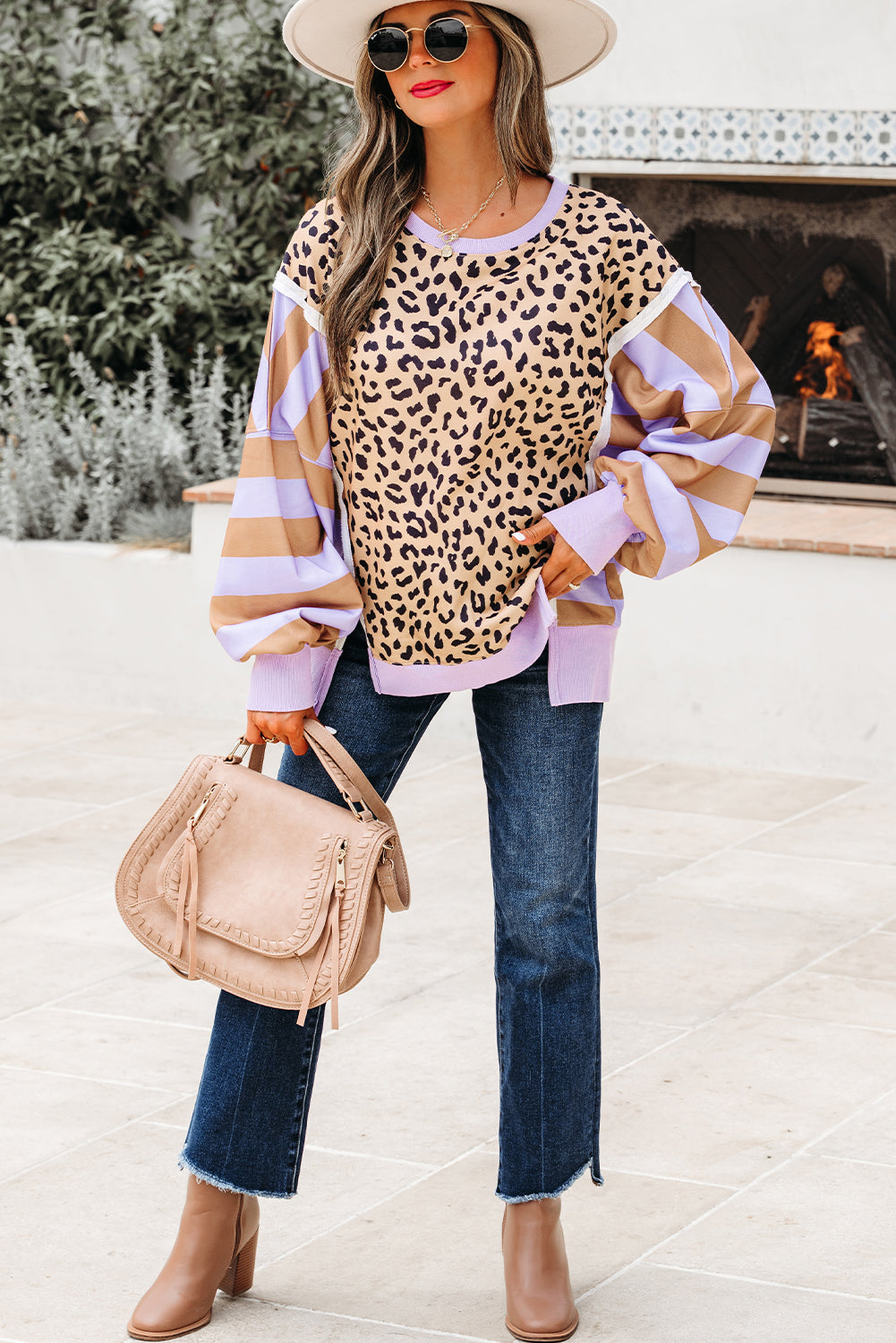 Khaki Stripe Colorblock Leopard Oversized Sweatshirt