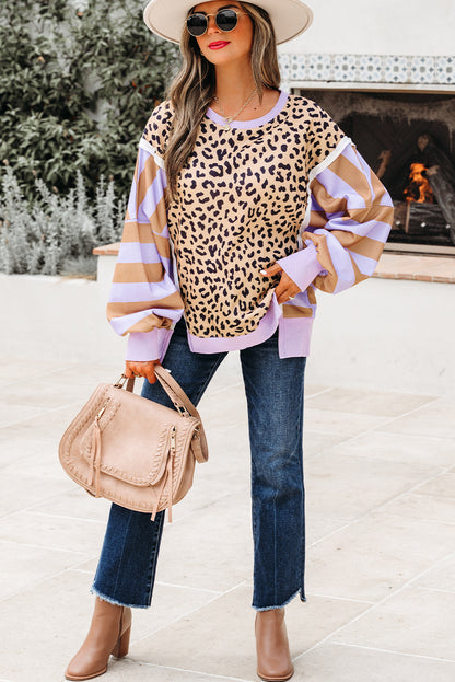 Khaki Stripe Colorblock Leopard Oversized Sweatshirt