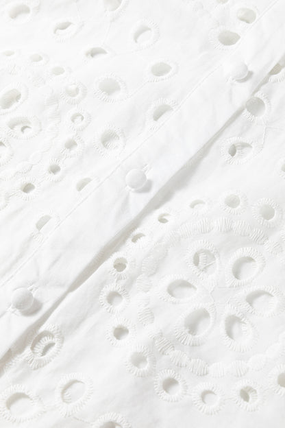 White Eyelet Embroidered Puff Sleeve Button Crop Shirt