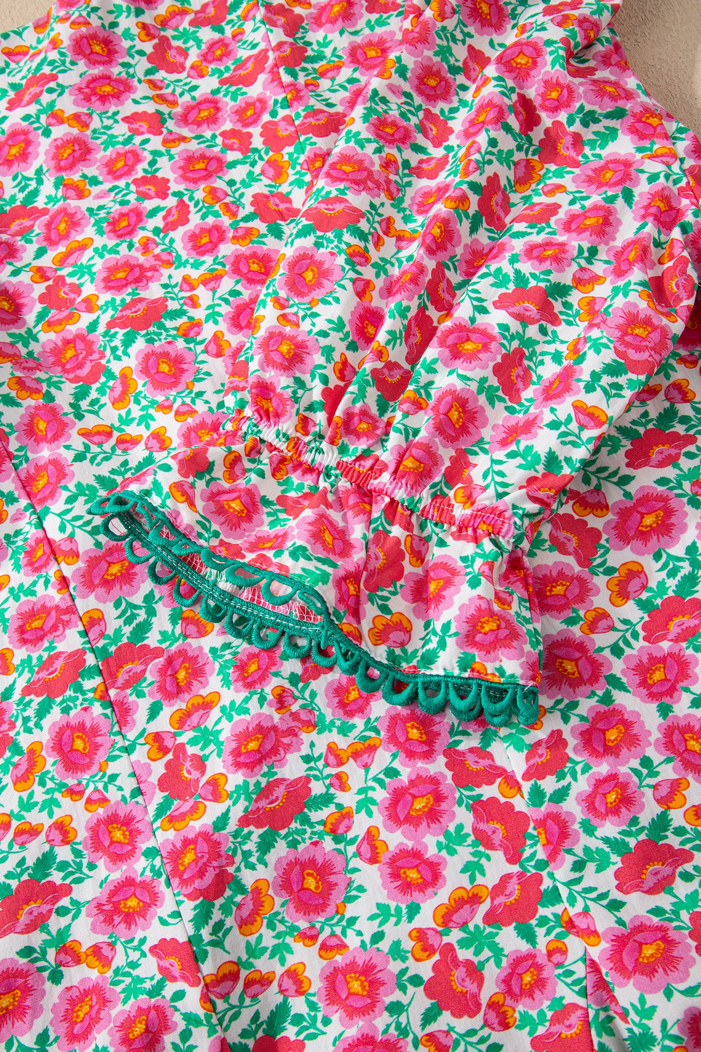 Pink Floral V Neck Puff Sleeve Mini Dress