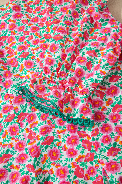 Pink Floral V Neck Puff Sleeve Mini Dress