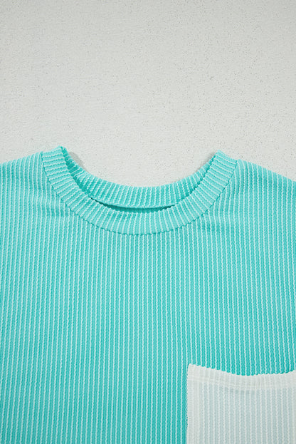 Pink Striped Textured Knit Pocket Casual Tee