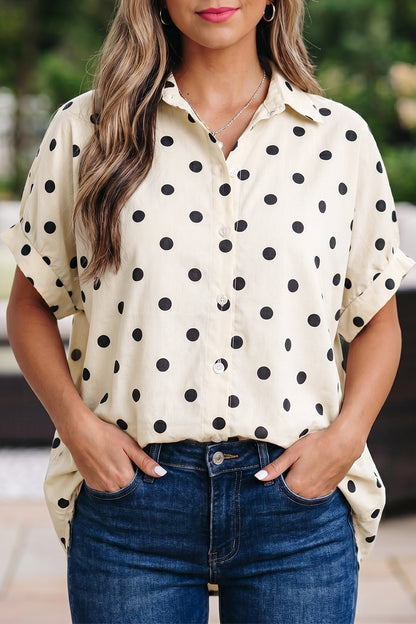 Beige Polka Dot Button Up Dolman Sleeve Loose Blouse