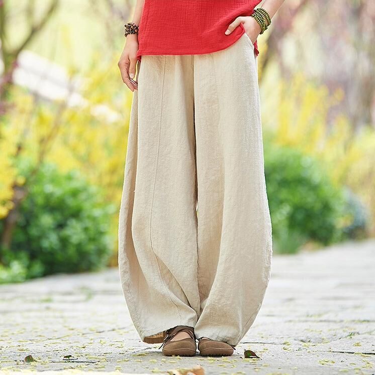Women's Linen Harem Pants High Waist Casual Loose Boho