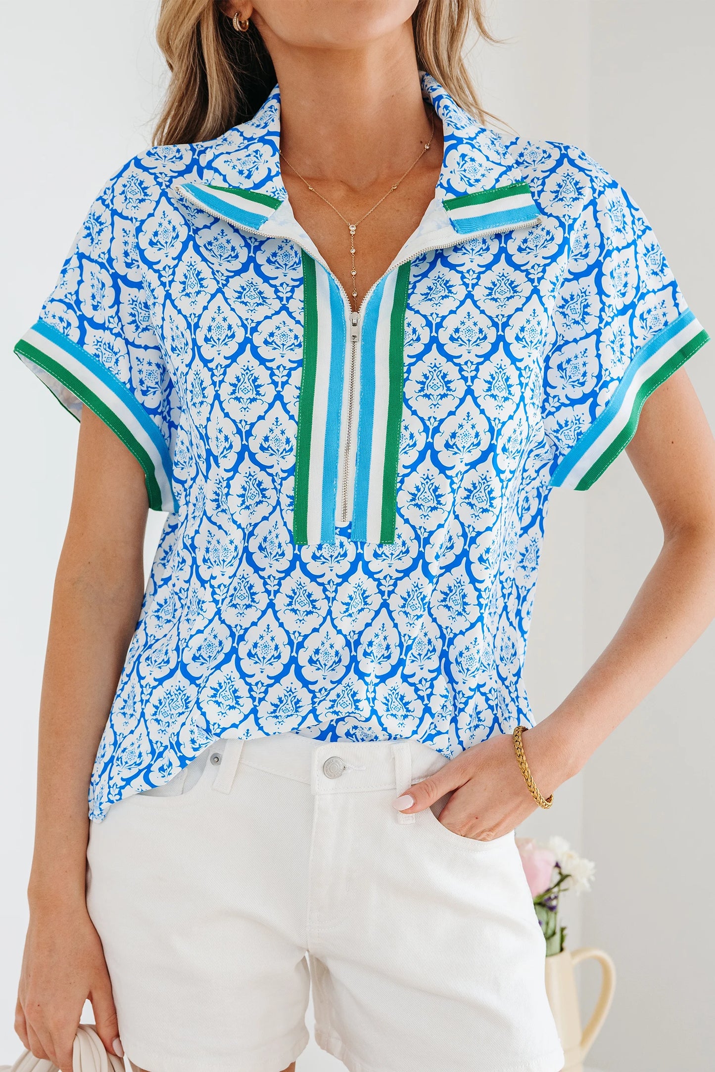 Boho Print Blouse Women Zip Neck Short Sleeve Top