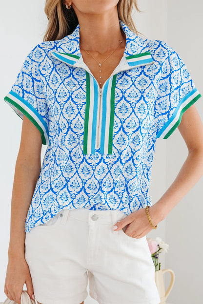 Boho Print Blouse Women Zip Neck Short Sleeve Top