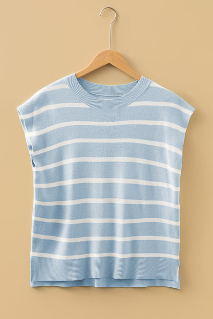 Parchment Striped Short Sleeve Crewneck Knit Sweater Top