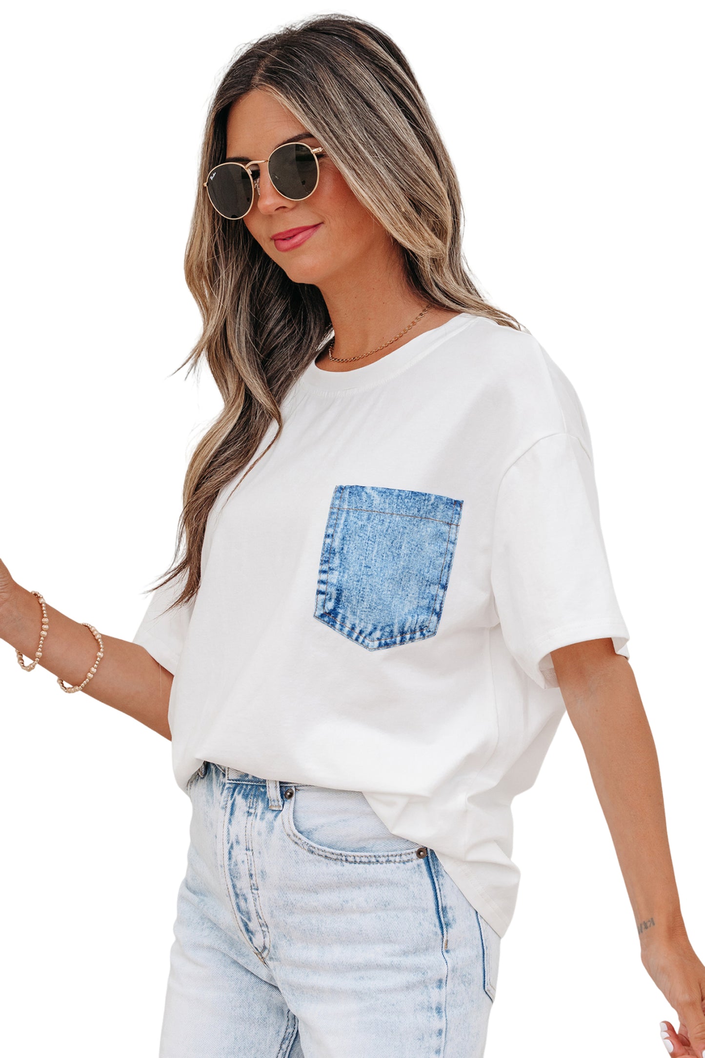 Pocket Tee Women Contrast Denim Pocket Casual T Shirt