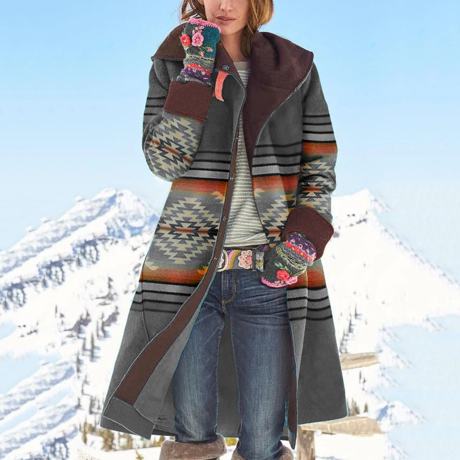 Women's Aztec Print Long Winter Wool Coat