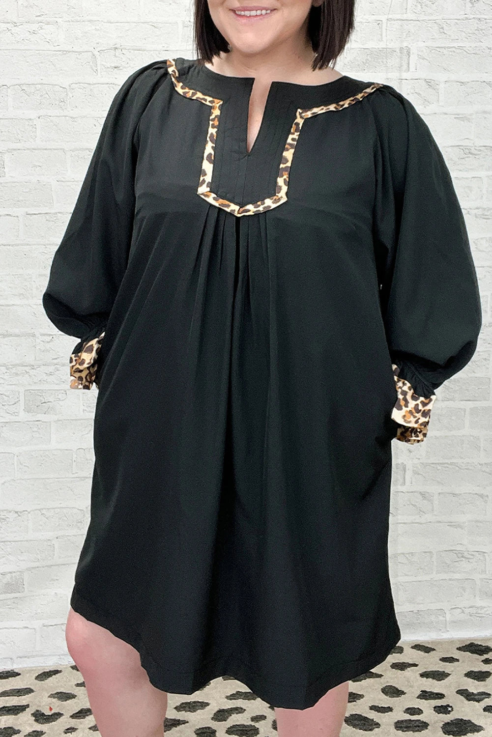 Evergreen Plus Size Notched Neck Leopard Trim Flounce Long Sleeve Shift Dress