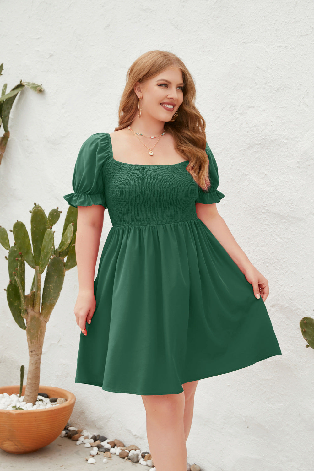 Women's Square Neck Flounce Short Sleeve Shirred Ruffle Hem Dress