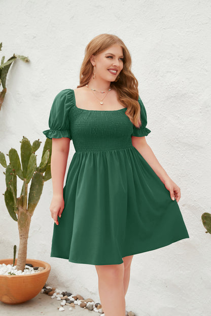 Women's Square Neck Flounce Short Sleeve Shirred Ruffle Hem Dress