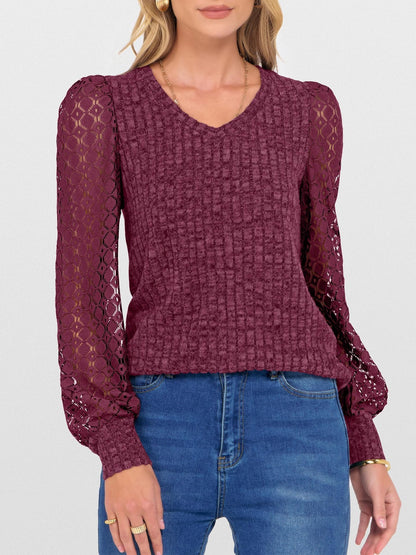 V-Neck Knit Top with Lace Puff Long Sleeves