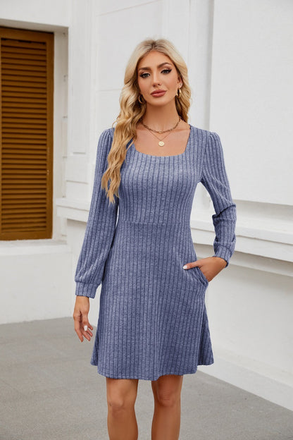 Square Neck Ribbed Knit Dress with Pockets