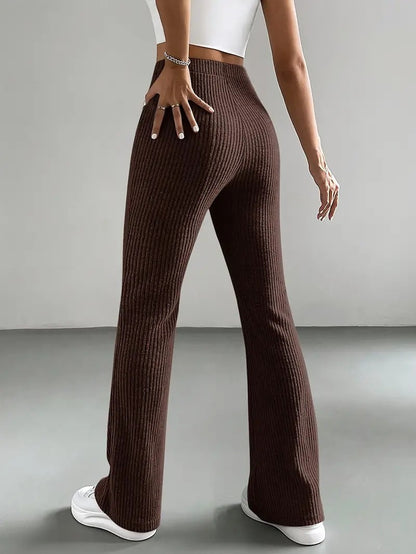 High Waist Ribbed Knit Flare Pants for Women