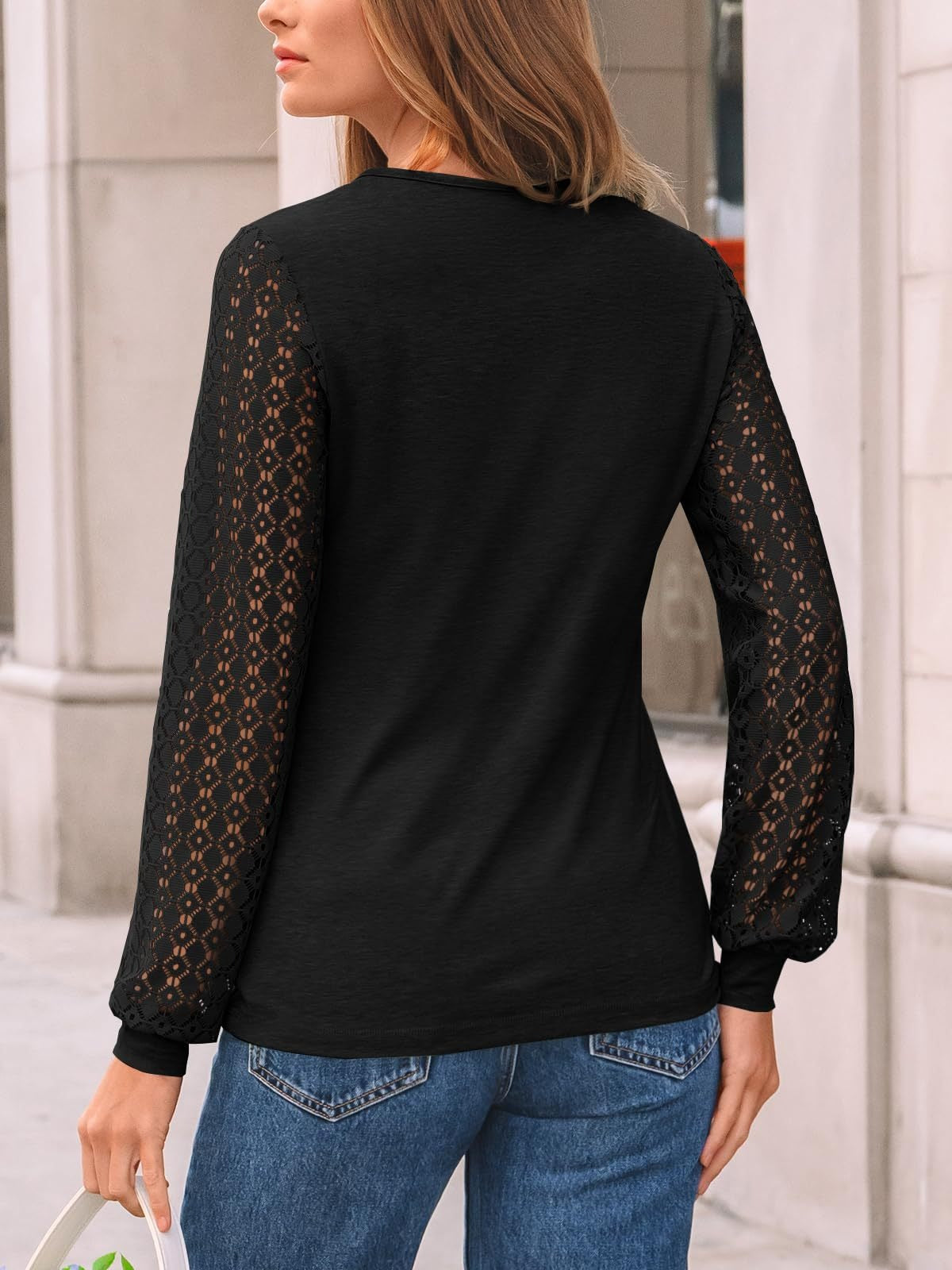 Lace Sleeve Patchwork Knit Pullover Top for Women