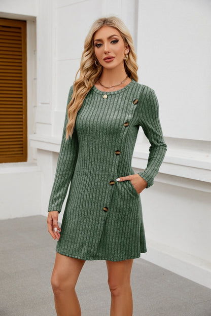 Ribbed Knit Button Dress - Long Sleeve A-Line Sweater