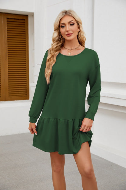 Long Sleeve Sweatshirt Dress - Casual Crewneck Pullover