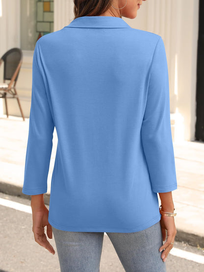 2025 Women's V-neck Polo Shirt 3/4 Sleeve Casual Top