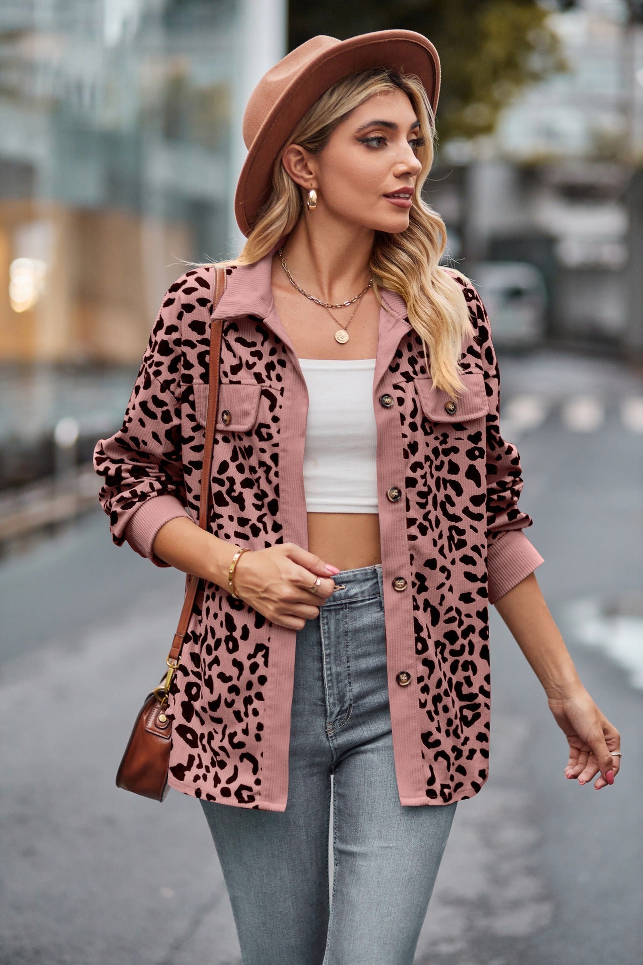 Leopard Print Corduroy Button Down Oversized Shirt Jacket