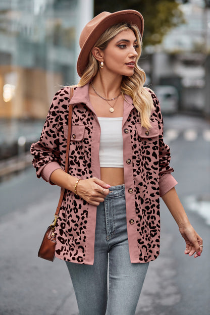 Leopard Print Corduroy Button Down Oversized Shirt Jacket