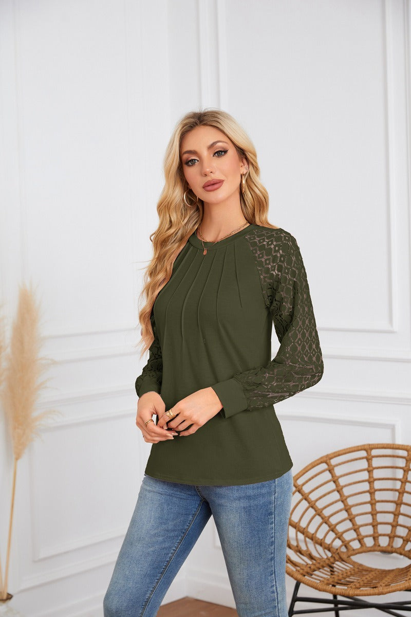 Lace Sleeve Pleated Blouse - Round Neck Long Sleeve Top