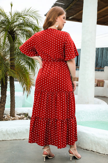 Women's Plus Size Polka Dot Dress Casual V Neck Short Sleeve Dress A-Line Pleated Hem Swing Dress