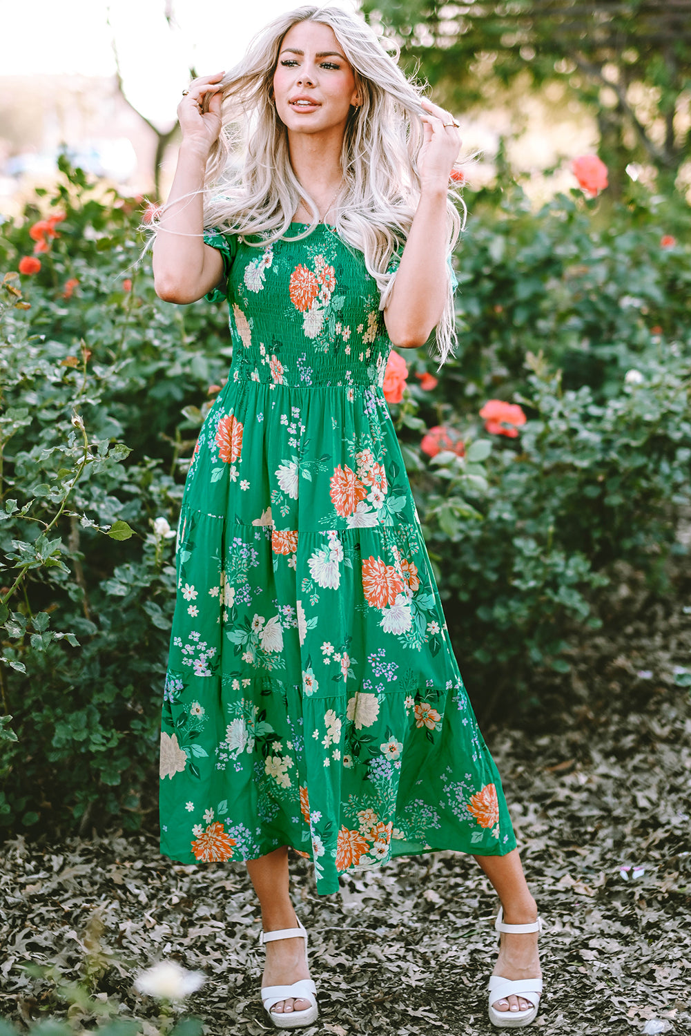 Green Floral Ruffle Sleeve Maxi Dress Summer Boho