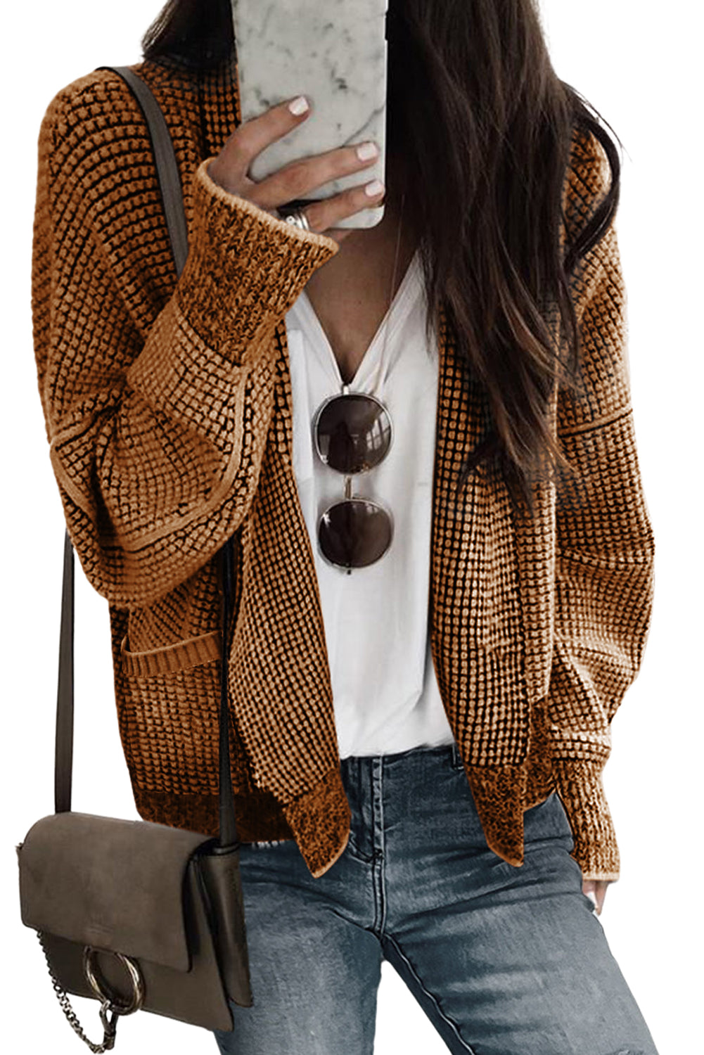 Apricot Chunky Waffle Knit Oversized Collar Cardigan