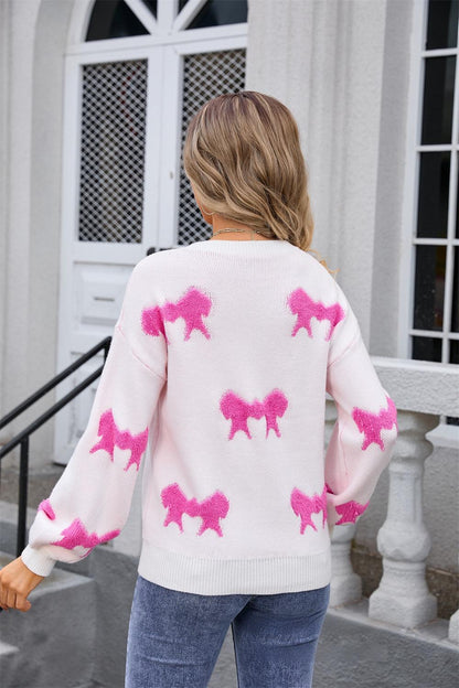 Bow Knit Pullover Sweater - Cozy Graphic Crewneck Top