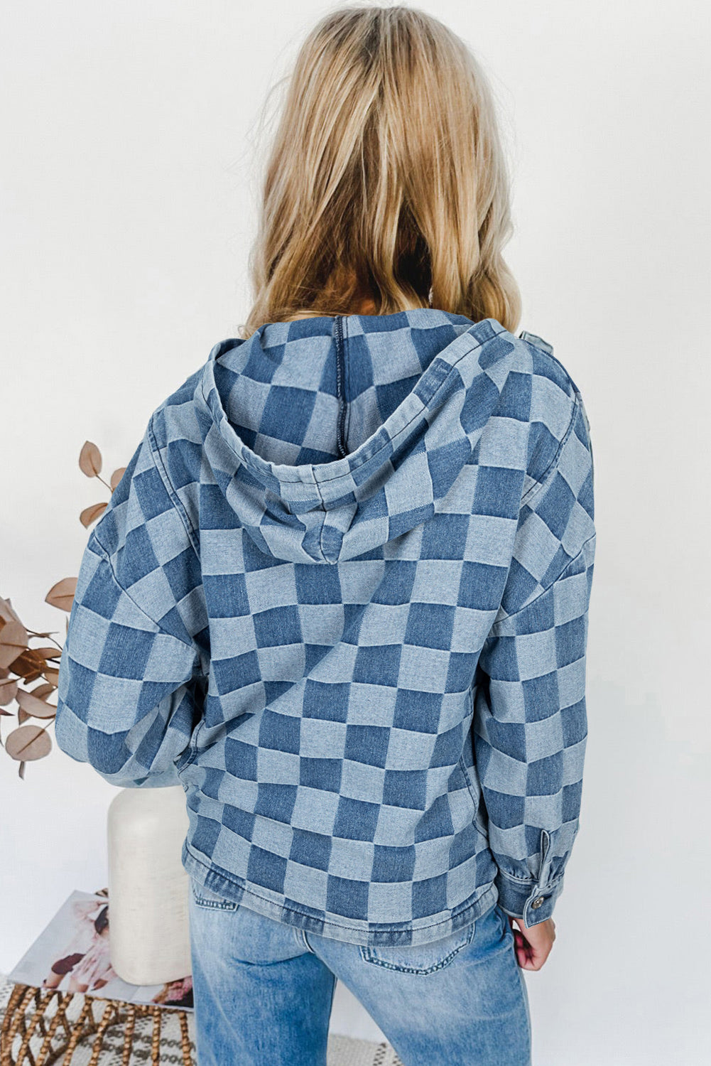 Sky Blue Checkerboard Quarter Zip Denim Hoodie with Pocket
