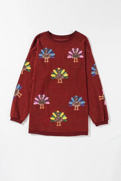 Sequined Turkey Corded Oversized Thanksgiving Sweatshirt