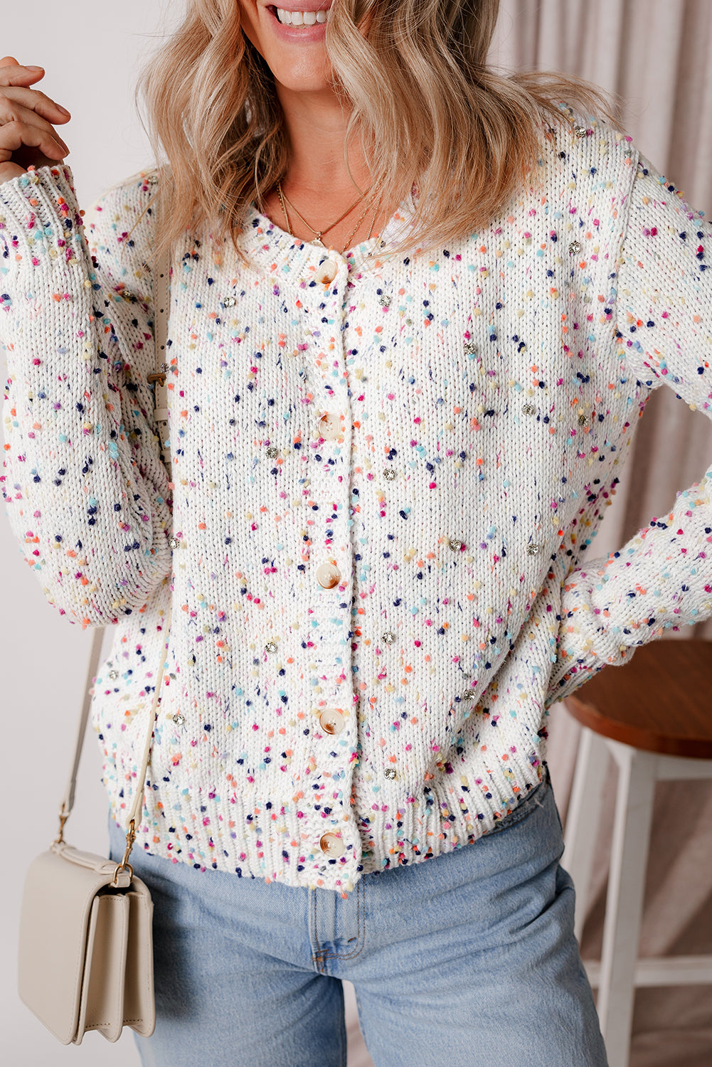 Apricot Rhinestone Decor Multicolor Confetti Sweater Cardigan