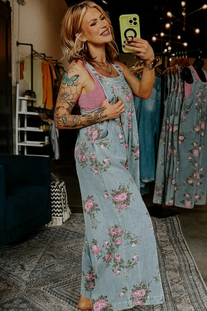 Blue Floral Wide Leg Denim Jumpsuit with Adjustable Straps