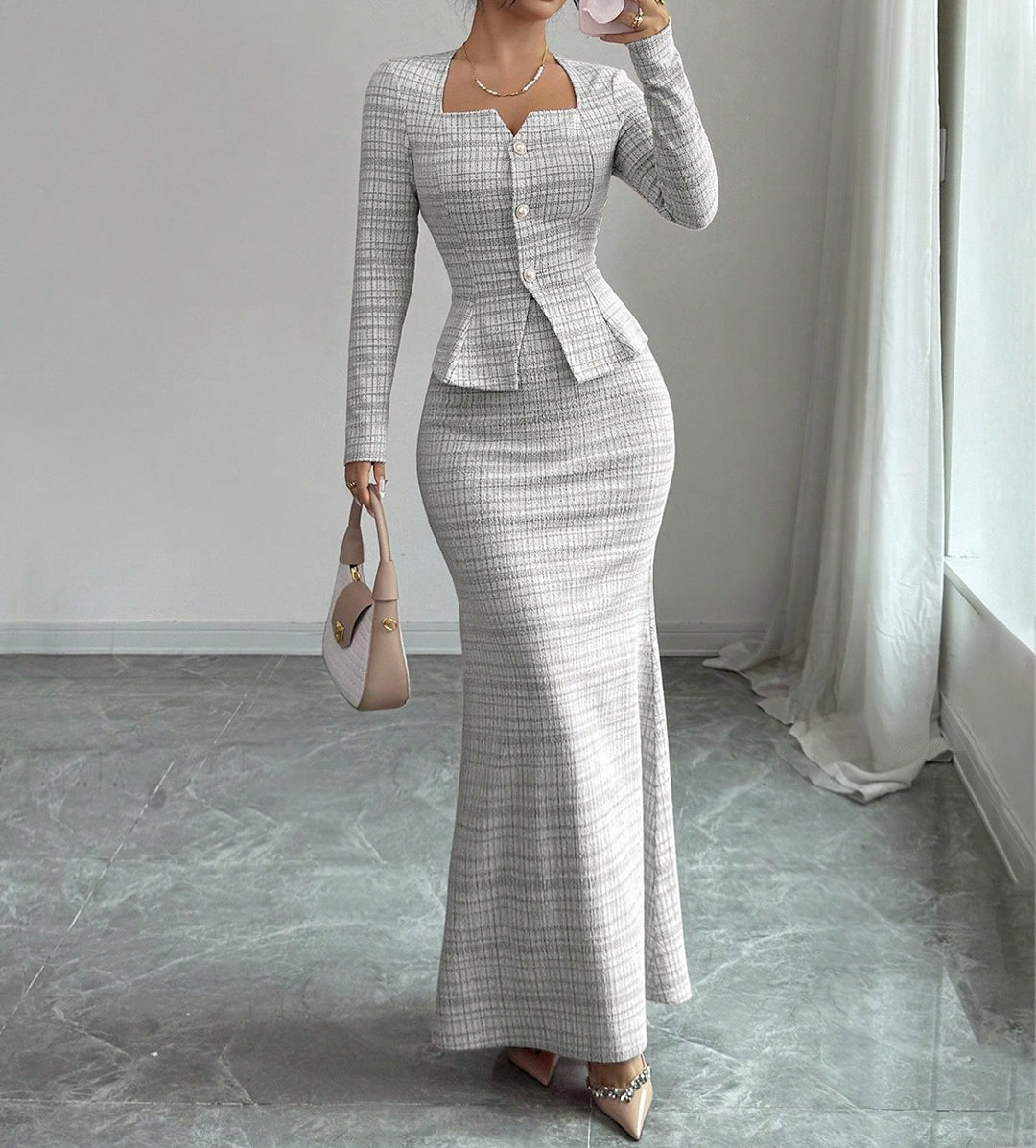 Women Elegant Tweed Blazer Dress 2 Piece Set