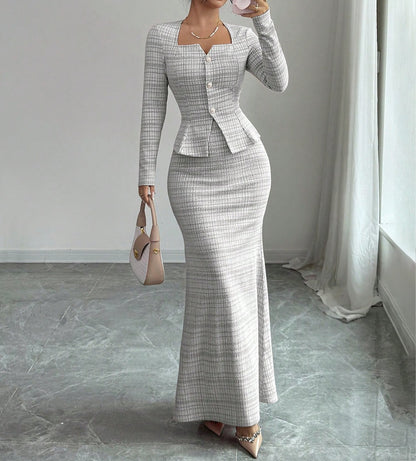 Women Elegant Tweed Blazer Dress 2 Piece Set