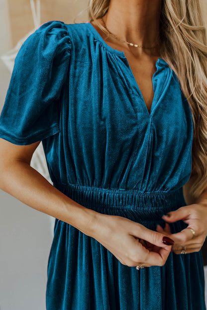 Holiday Red Velvet V Neck Short Sleeve Party Maxi Dress