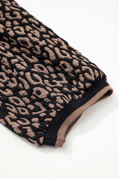 Leopard Print Crew Neck Puff Sleeve Knit Top