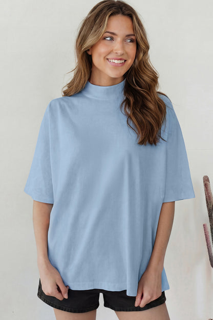 Dark Blue Oversized Mock Neck Tee Casual Relaxed Top
