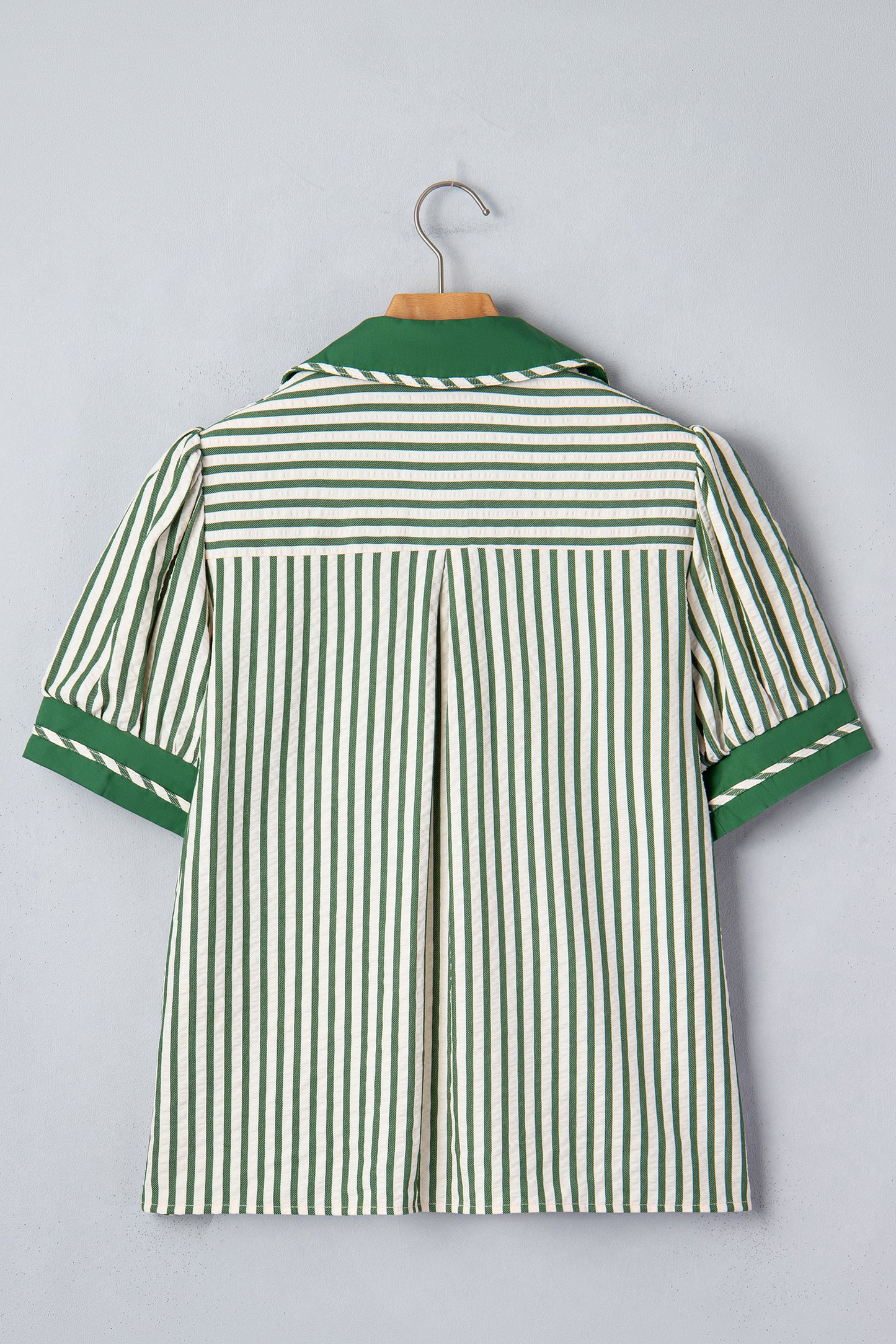 Khaki Striped Split Neck Puff Sleeve Blouse Top